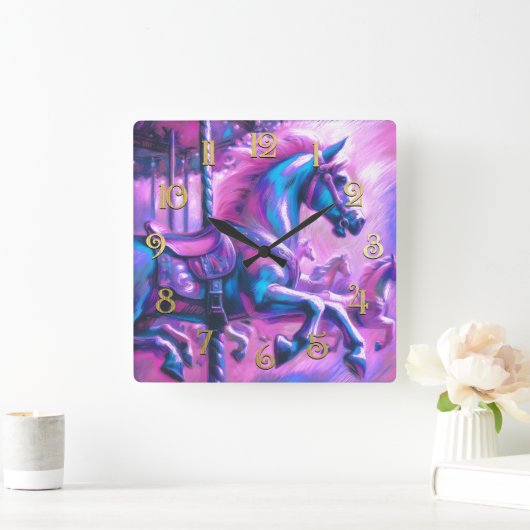 Hard Pastel Drawing Cool Tones Carousel Horse スクエア壁時計 (ホーム)