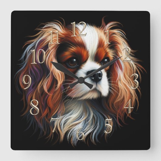 Hard Pastel Drawing King Charles Cavalier Spaniel スクエア壁時計 (正面)