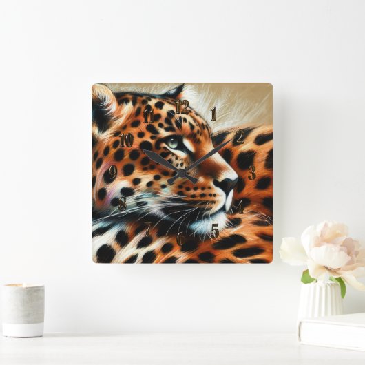 Hard Pastel Drawing Leopard スクエア壁時計 (ホーム)
