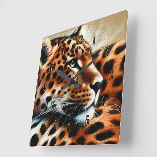 Hard Pastel Drawing Leopard スクエア壁時計 (傾斜)