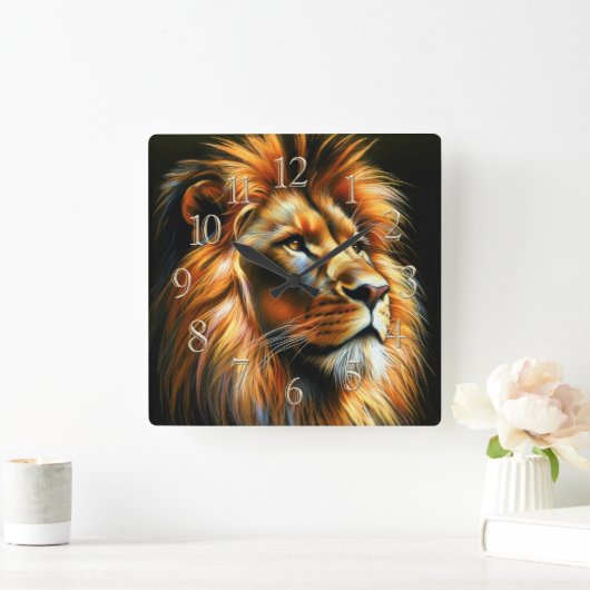 Hard Pastel Drawing Lion スクエア壁時計 (ホーム)