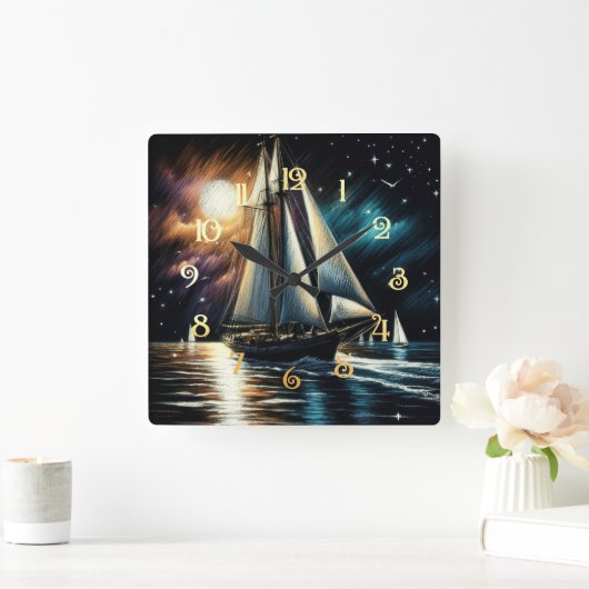 Hard Pastel Drawing Night Sailing スクエア壁時計 (ホーム)