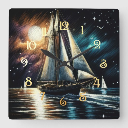Hard Pastel Drawing Night Sailing スクエア壁時計 (正面)