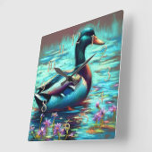 Hard Pastel Drawing Painting of a Mallard Duck スクエア壁時計 (傾斜)