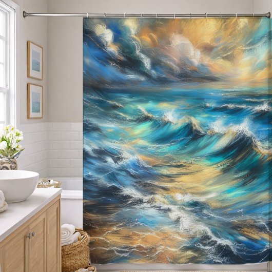 Hard Pastel Drawing Stormy Waves シャワーカーテン
