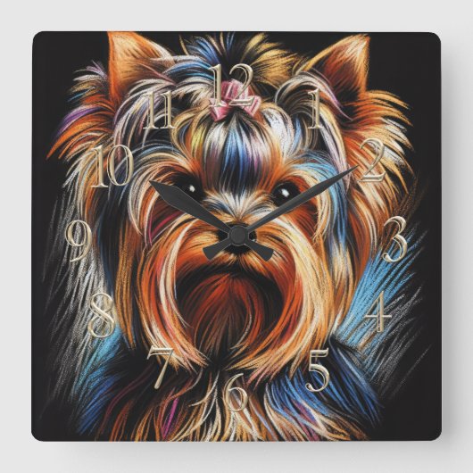Hard Pastel Drawing Yorkshire Terrier Yorkie Pink スクエア壁時計 (正面)
