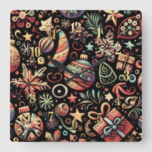 Hard Pastels Drawing Christmas Motifs スクエア壁時計 (正面)
