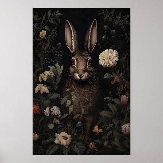 Hare Rabbit Floral Moody Forest Print, Dark ポスター (正面)