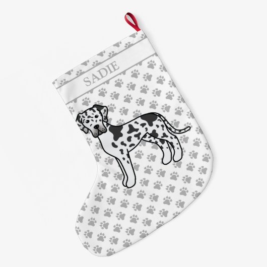 Harlequin黒白グレート可愛い犬と名前 ラージクリスマスストッキング (裏面 (吊り時))