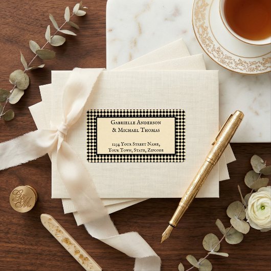 Harlequin Black Cream Text Border Address Labels ラベル