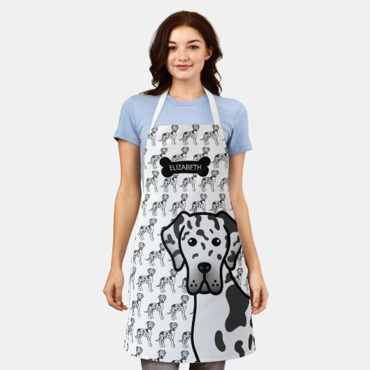 Harlequin Great Daneかわいい漫画の犬と名前 エプロン (着用した状態)