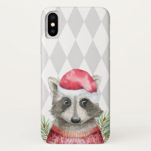 Harlequin Patternとサンタハットの可愛いアライグマ iPhone X ケース