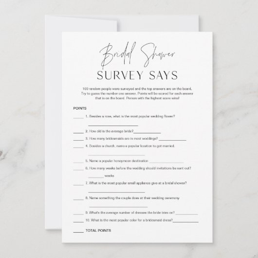 HARLOWミニマルブライダルシャワー調査がゲームカードと発表 招待状 (正面)