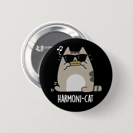 Harmoni-cat Funny Harmonica Cat Pun Dark BG 缶バッジ (正面&裏面)
