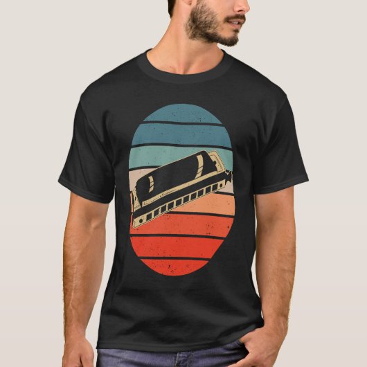 Harmonica Player Retro Sunset Harp Tシャツ (正面)