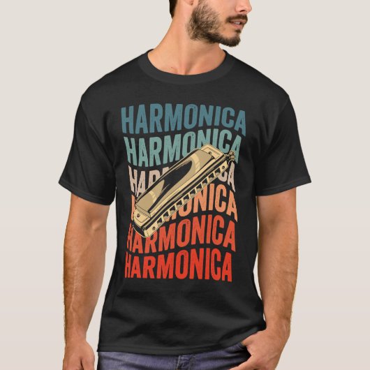 Harmonica Retro Harmonicist Harp Player Tシャツ (正面)