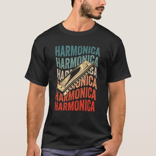 Harmonica Retro Harmonicist Harp Player Tシャツ (正面)