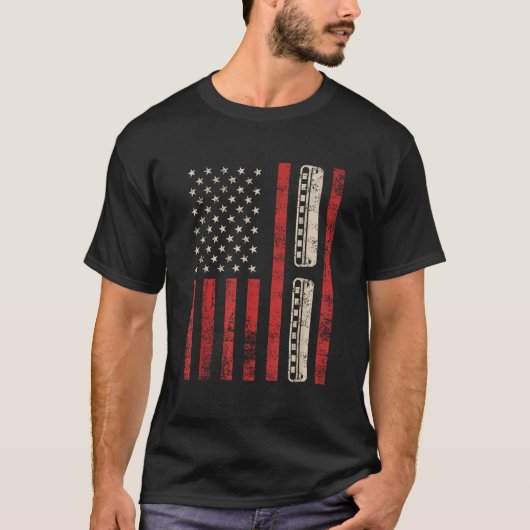 Harmonica Vintage American Flag Patriotic Harmonic Tシャツ (正面)
