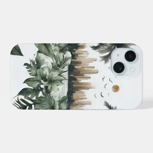 Harmonische Stadt-Silhouette in Braun mit Pflanzen iPhone 15ケース (裏面横)