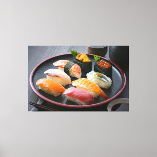 Harmony of Sushi on a Traditional Black Plate - C キャンバスプリント
