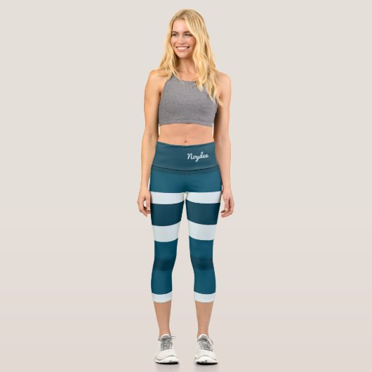 Harmony Stripes Horizontal Lines Sea Blue White カプリレギンス (正面)