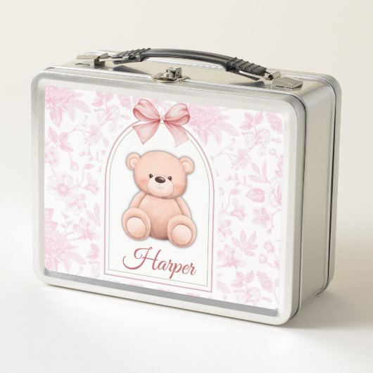 Harper | オーダーメイド ピンクのテディベアの保育園デザイン メタルランチボックス (正面)