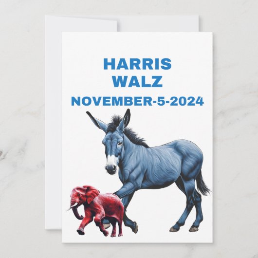 Harris/Walz、投票の青、ロバ、象、選挙 招待状 (正面)