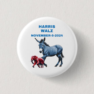 Harris/Walz、投票の青、ロバ、象、選挙 缶バッジ