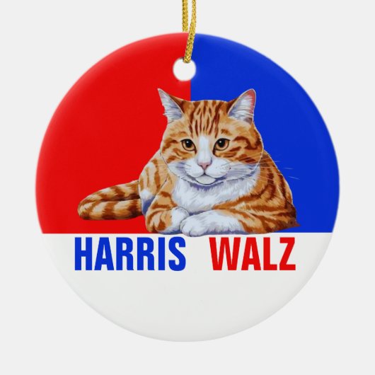 Harris Walz 2024明らかにネコRed Blue セラミックオーナメント (正面)