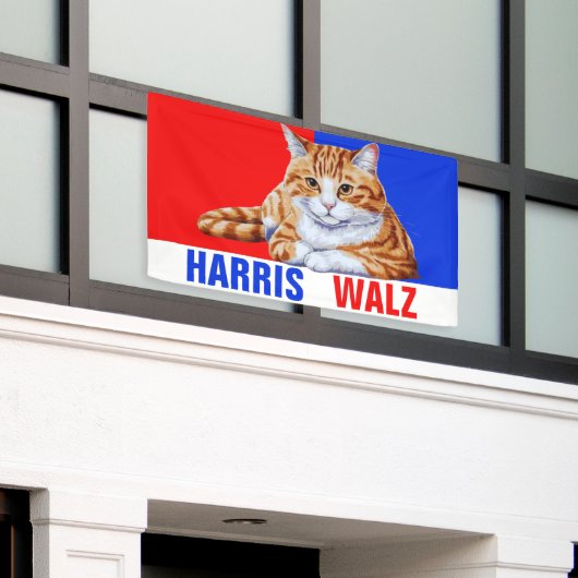 Harris Walz 2024明らかにネコRed Blue 横断幕 (ビルの外側)