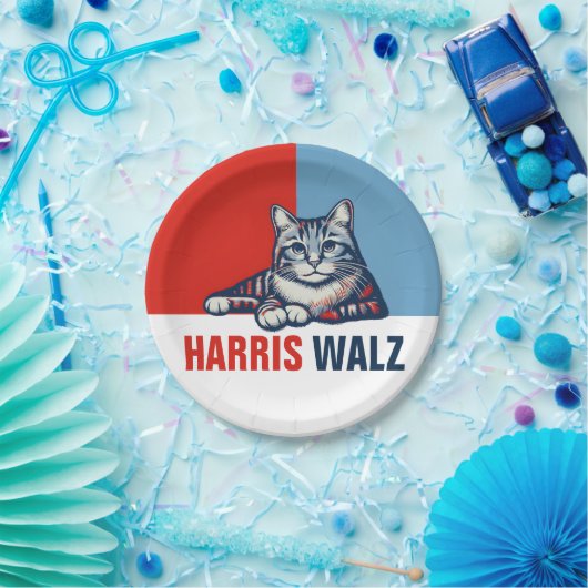 Harris Walz 2024明らかに赤い青い猫 ペーパープレート (パーティー)