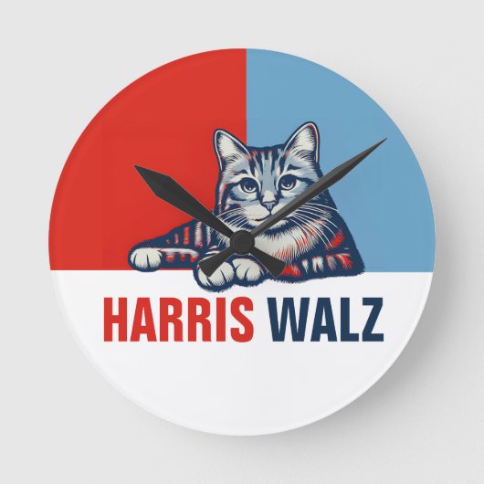 Harris Walz 2024明らかに赤い青い猫 ラウンド壁時計 (正面)