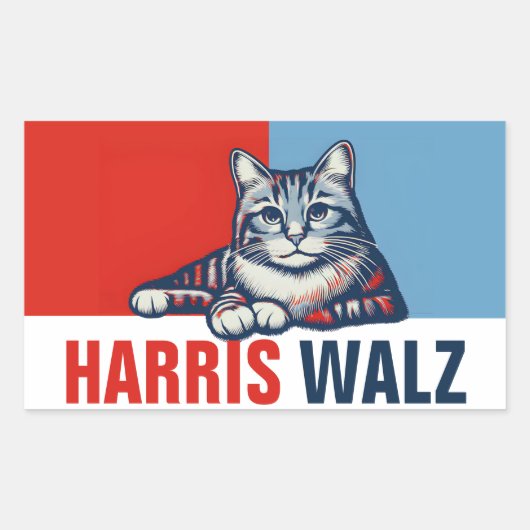 Harris Walz 2024明らかに赤い青い猫 長方形シール (正面)