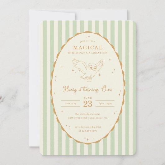 Harry Potter Hedwig Green Magical Birthday 招待状 (正面)
