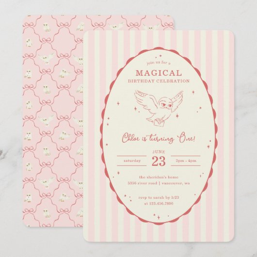 Harry Potter Hedwig Pink Magical Birthday 招待状 (正面/裏面)