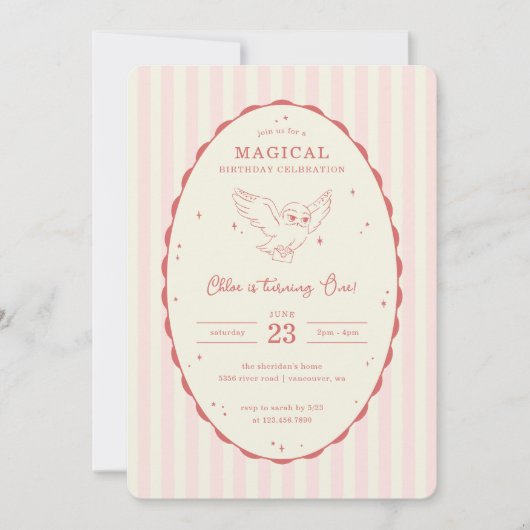 Harry Potter Hedwig Pink Magical Birthday 招待状 (正面)