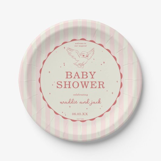 Harry Potter Hedwig Pink Stripe Baby Shower ペーパープレート (正面)