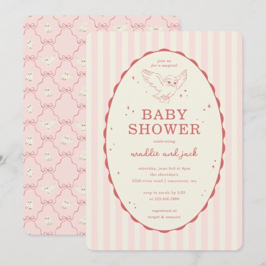 Harry Potter Hedwig Pink Stripe Baby Shower 招待状 (正面/裏面)
