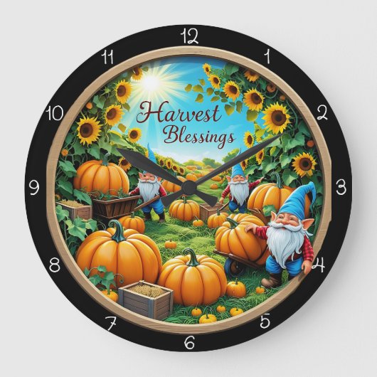 Harvest Blessings Gnomes Pumpkin Patch ラージ壁時計 (正面)