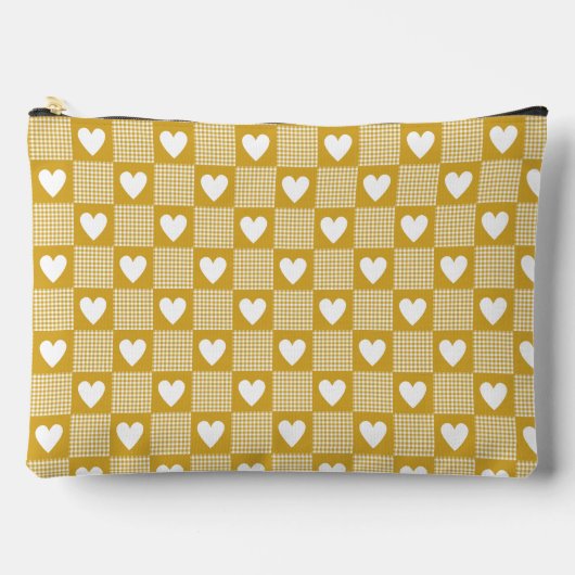 Harvest Gold Gingham Heart Patch Plaid アクセサリーポーチ (正面)