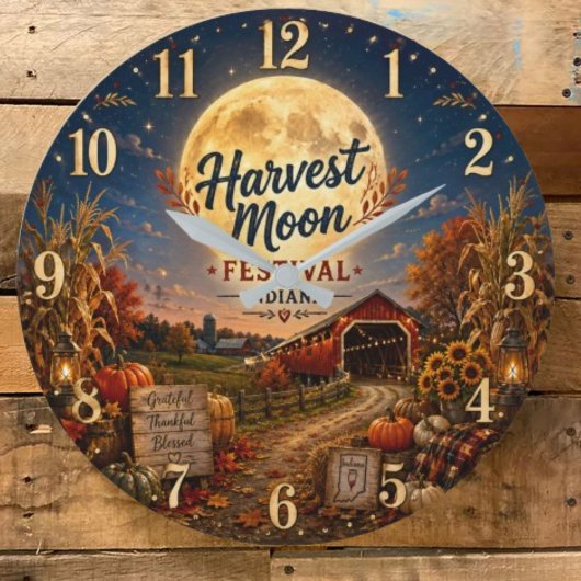 Harvest Moon Festival Indiana Autumn Farmhouse ラージ壁時計