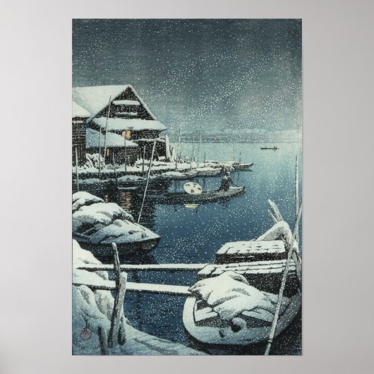 Hasui Kawase Winter Snow Lake Scene Print ポスター (正面)