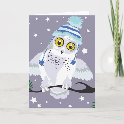 Hat~の冬の挨拶状を持つSnowyのフクロウ カード (正面)