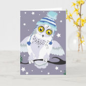 Hat~の冬の挨拶状を持つSnowyのフクロウ カード (黄色い花)
