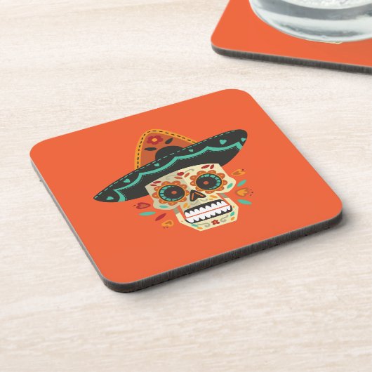 Hat Dia de Muertos |のコースターが付いているスカルを砂糖で甘くして下さい コースター (左側)