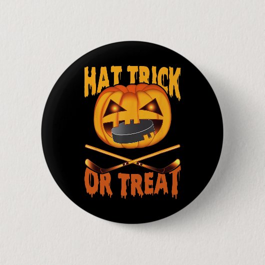 Hat Trick Or Treat Hockey Halloween 缶バッジ (正面)
