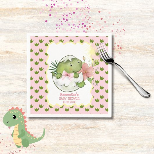 Hatching Dino with Bow & Flower Party Napkins スタンダードカクテルナプキン