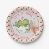 Hatching Dino with Pink Bow Baby Shower Plates ペーパープレート (正面)