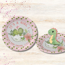 Hatching Dino with Pink Bow Baby Shower Plates ペーパープレート