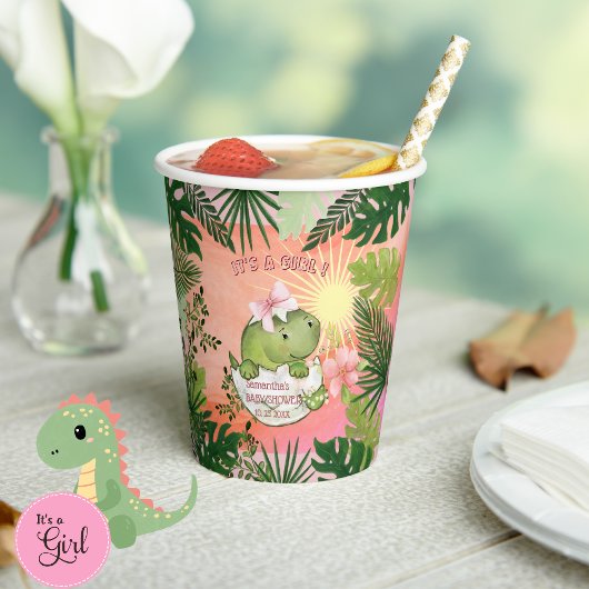Hatching Dino with Pink Bow 'It's a Girl' Cups 紙コップ